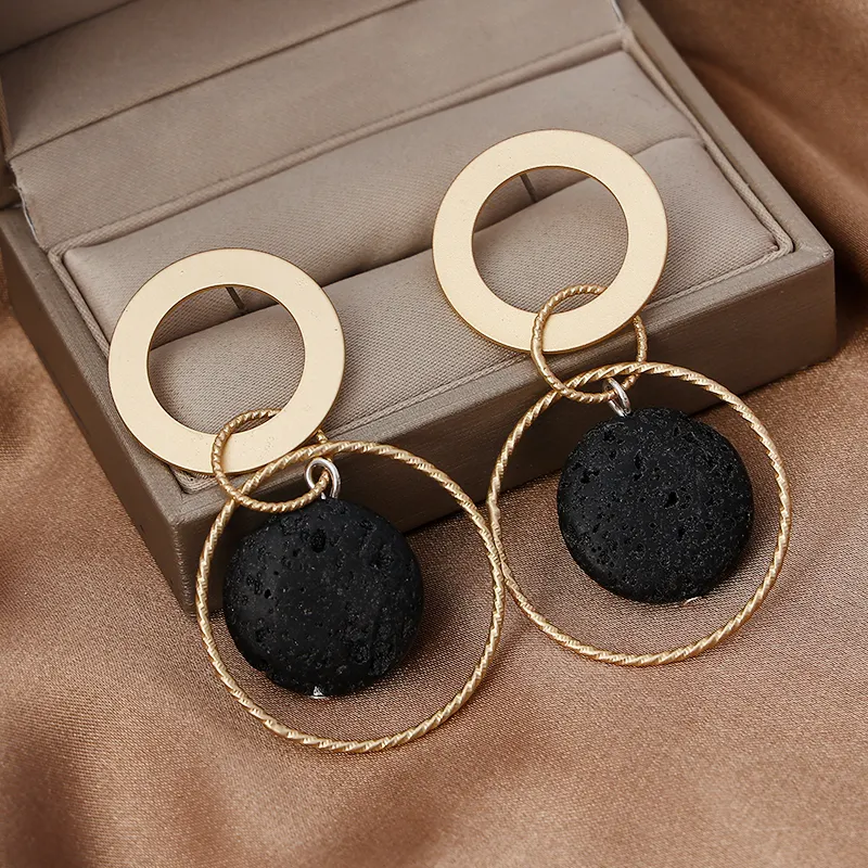 Boucles d'oreilles pendantes en pierre volcanique pour femmes, bijoux en forme de goutte, creux, personnalisés, en or, fait à la main, de styliste, nouvelle collection