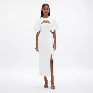 <span class=keywords><strong>Abito</strong></span> <span class=keywords><strong>Midi</strong></span> da Donna Elegante e Minimalista su Misura, Bianco, <span class=keywords><strong>con</strong></span> Collo Alto, Cut-out, Anello Dorato, Maniche a Volant e <span class=keywords><strong>Spacco</strong></span> Alto, per Feste - Product Image 5