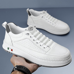 Zapatillas Casuales Transpirables para Hombre, Tacón Bajo, Suela de Goma, Zapatos de Cuero Blanco, Estilo Informal, Detalle de Costuras, Estilo Moderno - Product Image 4