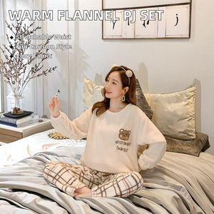 Conjunto de <span class=keywords><strong>Pijama</strong></span> Informal de 2 Piezas de Franela con Dibujos Animados ODM, Camiseta de Manga Larga y Pantalones, Ropa de Dormir de Invierno para <span class=keywords><strong>Mujer</strong></span>, Forro <span class=keywords><strong>Polar</strong></span> Cálido - Product Image 2