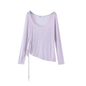 Camiseta de protección solar de manga larga con capas Happy Plus N9163, color blanco, albaricoque, morado pálido, color liso, con cordón y diseño hueco para mujer - Product Image 2