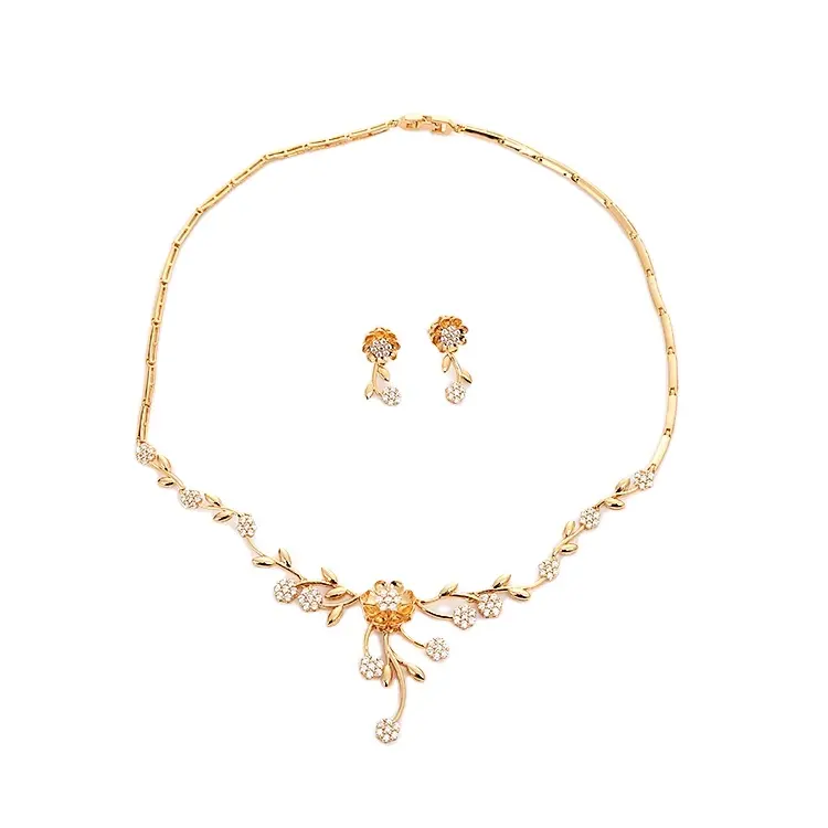 2020 Latest Design Copper Zircon Jewelry Set Popular Fashion Dubai Gold Color Necklace And Earring Jewelry Set For Women