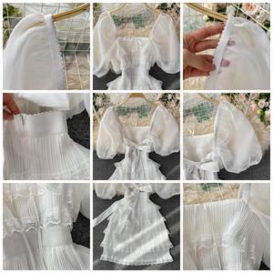 Nuevo Vestido de <span class=keywords><strong>playa</strong></span> francés de verano manga abullonada cuello cuadrado blanco gasa malla Material fruncido <span class=keywords><strong>con</strong></span> cremallera para vacaciones junto al mar - Product Image 6