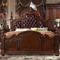 Lit double Weimusen en cuir véritable de style américain, grand lit princesse vintage en acajou, avec coussin souple gravé, en bois massif de style français