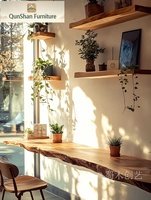 Escritorio Flotante de Madera Maciza con Borde Natural |   Estación de Trabajo para Computadora de Estilo Wabi-Sabi, Montada en la Pared, con Estantes Integrados, para Oficina en Casa