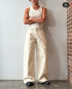 Nouvelle Arrivée - Jean en Denim Crème Plissé pour Homme, Coupe Droite en Toile de Canard, Jean Baggy en Denim Brut, Style Y2K Décontracté pour Homme - Product Image 3
