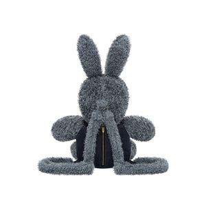 Agnes Baby Rabbit <b>Backpack</b> Grey Curly Plush 3D Toy Bag Featuring Denim Overalls With Lace Trim And Floral Accessory - Product Image 2