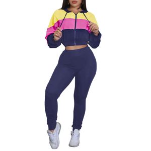 Comfortable Casual Sport With Hooded Colour Block Zipper <b>Top</b> Trousers Women's Two Piece Set Fashion - Product Image 5