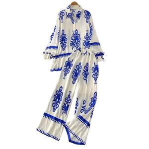 Ensemble Deux Pièces Tendance pour <span class=keywords><strong>Femme</strong></span>: Chemise Veste Imprimée à Manches Longues et Pantalon Large Ample Taille Haute - Product Image 6