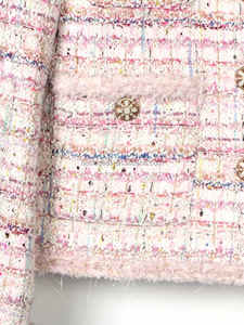 Luxury Women Top Quality Round Neck Wool Tweed <strong>Boucle</strong> <strong>Jacket</strong> Pearls Buttons Elegant Tweed Cotton Sakura Pink Tweed <strong>Jacket</strong> - Product Image 3