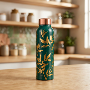 Modern Green <b>Metal</b> <b>Water</b> <b>Bottle</b> with Gold Leaf Pattern and Copper Lid Eco Friendly Drinkware - Product Image 1
