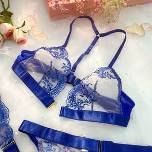 Azul ver a través de bordado 3PC Liga San Valentín lencería <span class=keywords><strong>sexy</strong></span> conjunto de regalo con medias Para Mulheres Gordas - Product Image 3