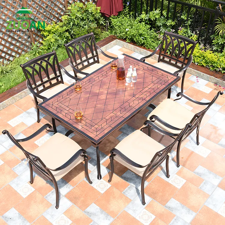 Durable waterproof ceramic tile top table with metal armchairs 6pcs cast aluminum outdoor furniture set for restaurant dining