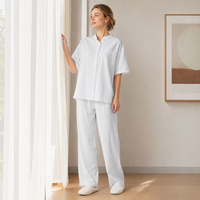 Ensemble pyjama coordonné en coton à col mandarin pour femme, haut boutonné à manches courtes et pantalon large, tenue décontractée à porter à l'extérieur SOFT13