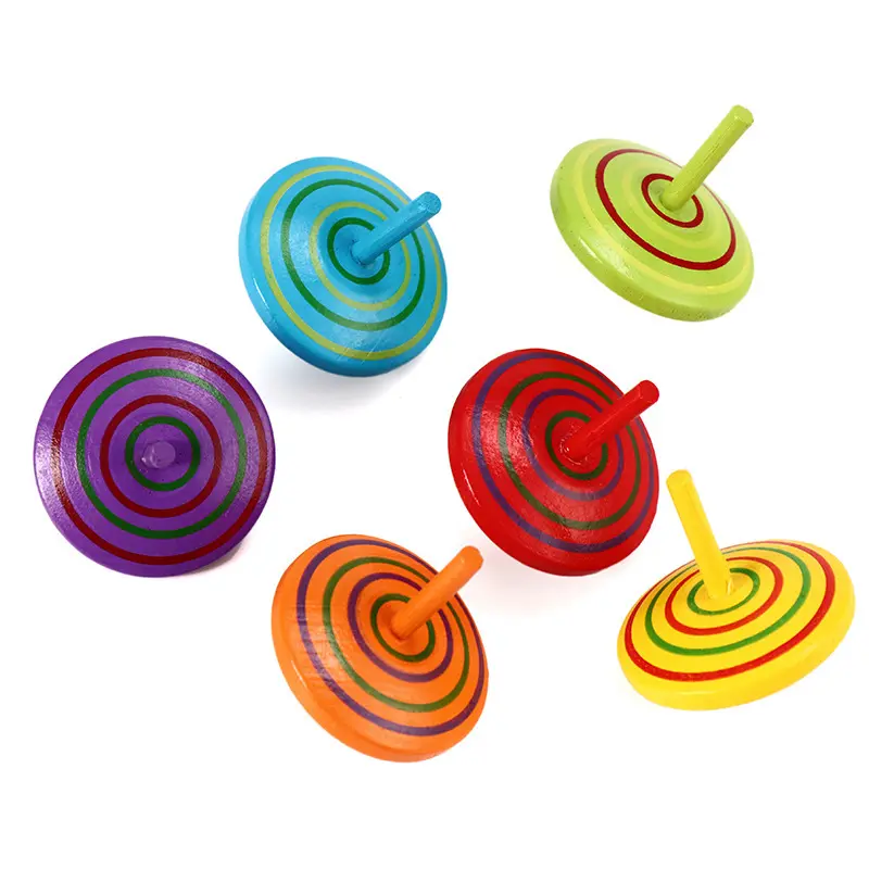 hot sale classic kids early education mini rainbow multicolored colorful fun game wooden spinning tops toy for children