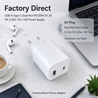 Adaptor Daya USB-A Tipe C Dual Port PD 20W 5V 3A 9V 2.25A 12V 1.8A Colokan EU untuk Tablet dan Pengisi Daya Speaker Telepon