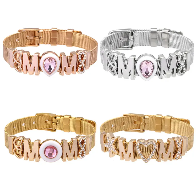 New Arrival Charm Bracelet Designer Jewelry Love Heart MOM Slider Charms Gold Stainless Steel Mesh Bracelet Mother's Day Gifts