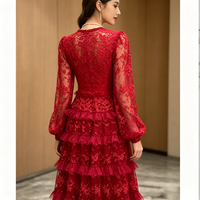 Robe longue trapèze rouge unie en dentelle pour femme, col rond, manches longues, taille haute, jupe à volants superposés en tulle fluide, pour soirée d'automne ou mariage