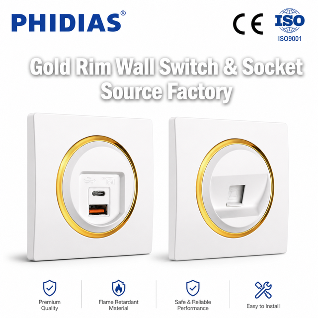 EU Standard Brass Wall Socket with 2 Ports USB a + Type C Gold Rim 5V 2.1A Fast Charging Electrical Outlet