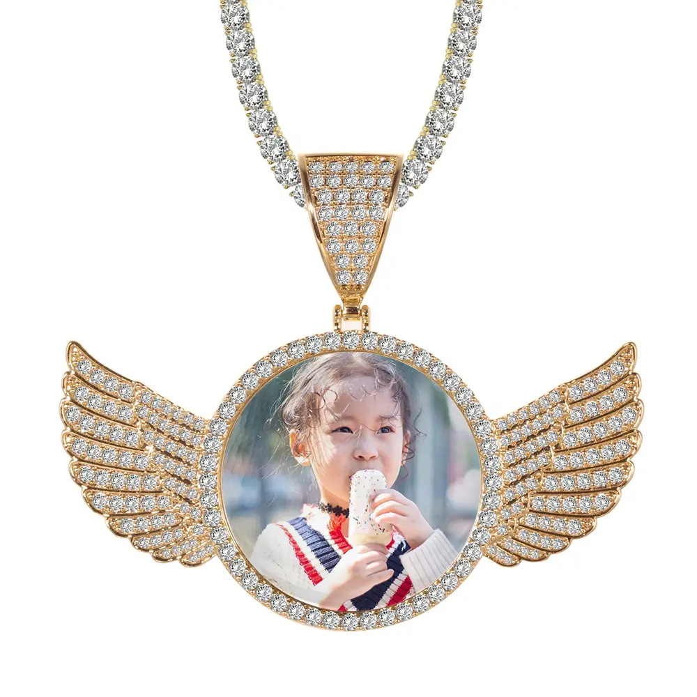 Custom Sublimate Photo Memory Medallions Solid Angel Wings Pendant Necklace Hip Hop Jewelry Cubic Zirconia Chains Wings Necklace