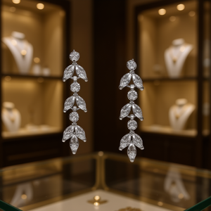 Orecchini Pendenti E2212 in Oro Bianco con Cristalli Taglio Marquise, Strass e Montatura a Griffe a Forma di Pianta, Gioielli Classici da Sposa per Donna - Product Image 2