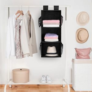 Organisateur de placard suspendu à 3 étagères, pliable avec poches en filet pour le rangement des vêtements, utilisation en chambre à coucher, noir, 33x15x85cm - Product Image 2