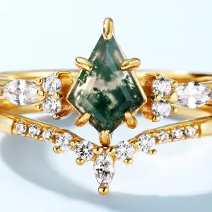 Fine Jewelry Sterling Silver CZ Diamond Wedding Ring Luxury Elegance Rhombus Shaped Gemstone Moss Agate Ring Set