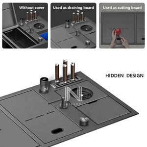 NLS10548อ่างล้างจานสแตนเลสนาโนสีดำ304อ่างล้างจานชามสี่เหลี่ยมคู่งานแฮนด์เมดน้ำตกอเนกประสงค์ดีไซน์ที่ซ่อนอยู่ - Product Image 5