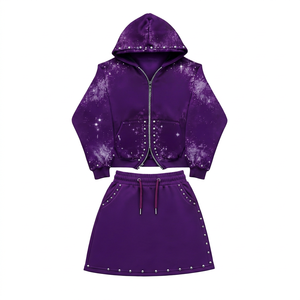 Ensemble sweat-shirt à capuche violet 2 pièces pour femme avec imprimé galaxie en strass, vêtements de sport décontractés, coupe régulière, longueur genou, manches longues - Product Image 1