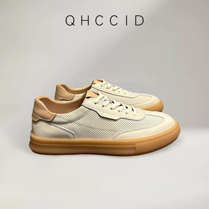 Zapatos de Hombre Beige de Cuero Genuino con Punta Redonda y Cordones, Transpirables, con Entresuela de EVA y Suela de Goma, para Todas las Temporadas - Product Image 2