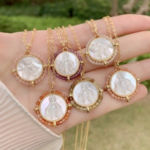 Collar <span class=keywords><strong>de</strong></span> Conchas Estilo Curativo LS-B9374, Cadena con Cuentas Coloridas Chapadas en Oro, Collar con Colgante <span class=keywords><strong>de</strong></span> la Virgen María para la Fe - Product Image 1