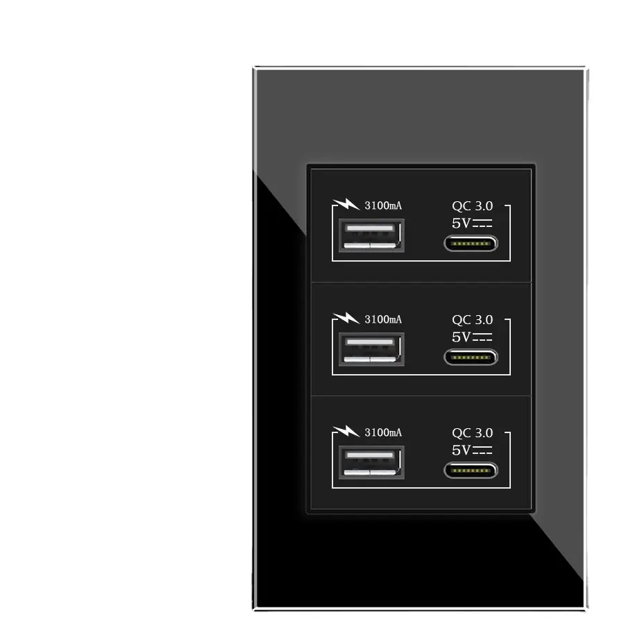 Brasil soket dinding standar, putih/hitam Panel kaca kristal tangguh 120mm * 72mm, 18W 3A Tipe C port pengisian cepat