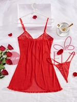 KISS ME ANGEL nouvelle maille rouge à la mode col en V profond voir à travers la dentelle arc sexy belles filles nuisette nuisette lingerie