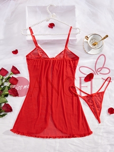 KISS ME ANGEL nueva moda malla roja cuello en V profundo ver a través <span class=keywords><strong>de</strong></span> lazo <span class=keywords><strong>de</strong></span> encaje sexy chicas encantadoras camisón babydoll Lencería - Product Image 3