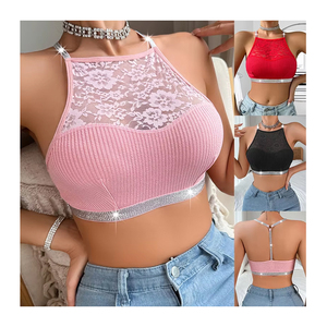 توب نسائي بفتحة رقبة دانتيل وشريط فضي، كاشف الظهر، بدون أكمام، حمالة صدر نسائية بكوب كامل - Product Image 1