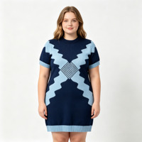 Robe Courte Personnalisée Grande Taille à Col Rond et Manches Courtes en Jacquard à Petites Mailles pour Femme
