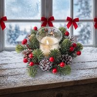 OEM Großhandel Weihnachts-Rotbeeren-Kerzenkranz Künstlicher Kieferngrüner Kerzenring für Farmhaus-Kamin-Dekoration
