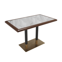Table de restaurant commerciale moderne Senju en gros, plateau en marbre recouvert de bois massif, base carrée en métal pour café et hôtel