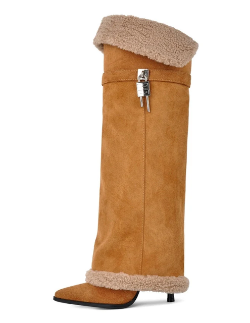 Women's Over-the-Knee Boots Suede Shearling Lined Slim High Heel Winter Warm Boots