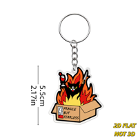 Porte-clés « Fragile mais intrépide » : Chat noir dans une boîte en flamme avec verre à vin, breloque en acrylique pour clés, sacs, sacs à dos
