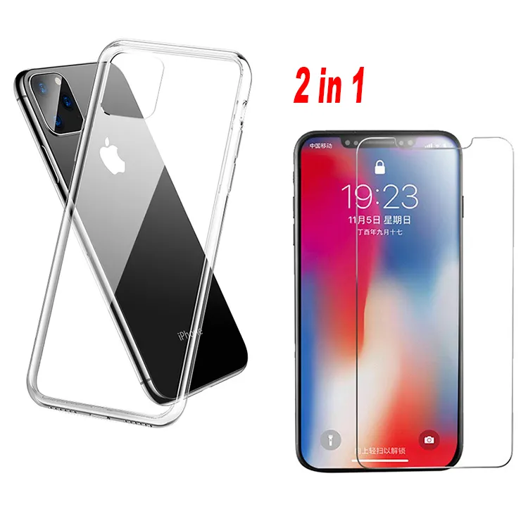 2 In 1 Front Tempered Glass Back Clear TPU Screen Protector Cover Case For iPhone 11 Pro Max
