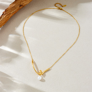 V-Shaped Pearl Pendant Gold Plated Chain Necklace Geometric Design Everyday Wear - Product Image 2