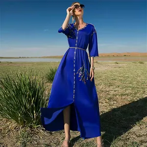 Customized new royal blue satin beaded mid sleeved V-neck dress with belt