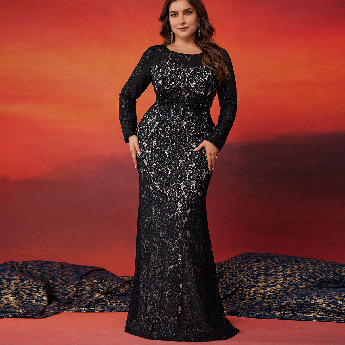 knee length dresses for ladies Gothic Black Lace Flower Mermaid Wedding Dress with Illusion Detachable Sleeves main image 0