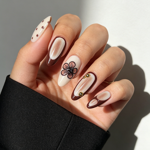 Faux ongles à presser en amande, 24 pièces, motif floral à pois <span class=keywords><strong>marron</strong></span> avec perles dorées, réutilisables, couverture complète, vente en gros - Product Image 1