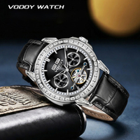 Montre mécanique automatique de luxe pour homme, lunette sertie de diamants, bracelet en cuir véritable, aiguilles lumineuses, affichage multi-calendrier, montre-bracelet