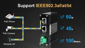 60 Wát PoE Injector Din Rail gắn 10/100/1000Mbps Gigabit PoE Injector 802.3at Adapter cho IP Camera