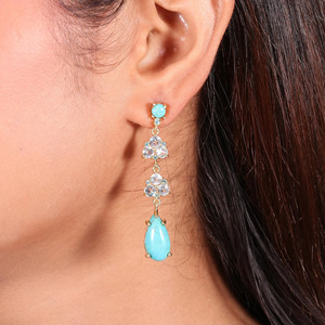 Unique Design Gold Plated Brass Blue Topaz and Turquoise Long Party Wear Earrings for Women - Product Image 2