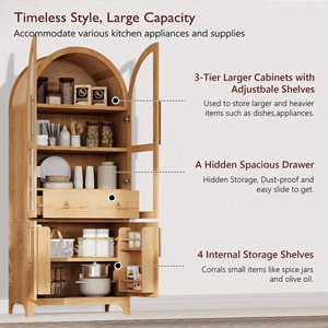 Armadio dispensa da cucina ad arco alto 71 pollici K&K con ante in vetro e ripiani regolabili, mobiletto contenitore stile rustico - Product Image 6