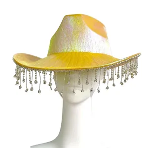 Haiwin Party donna Glitter spazio olografico cappello Cowboy Neon Cowgirl cappello con frangia di strass per la festa